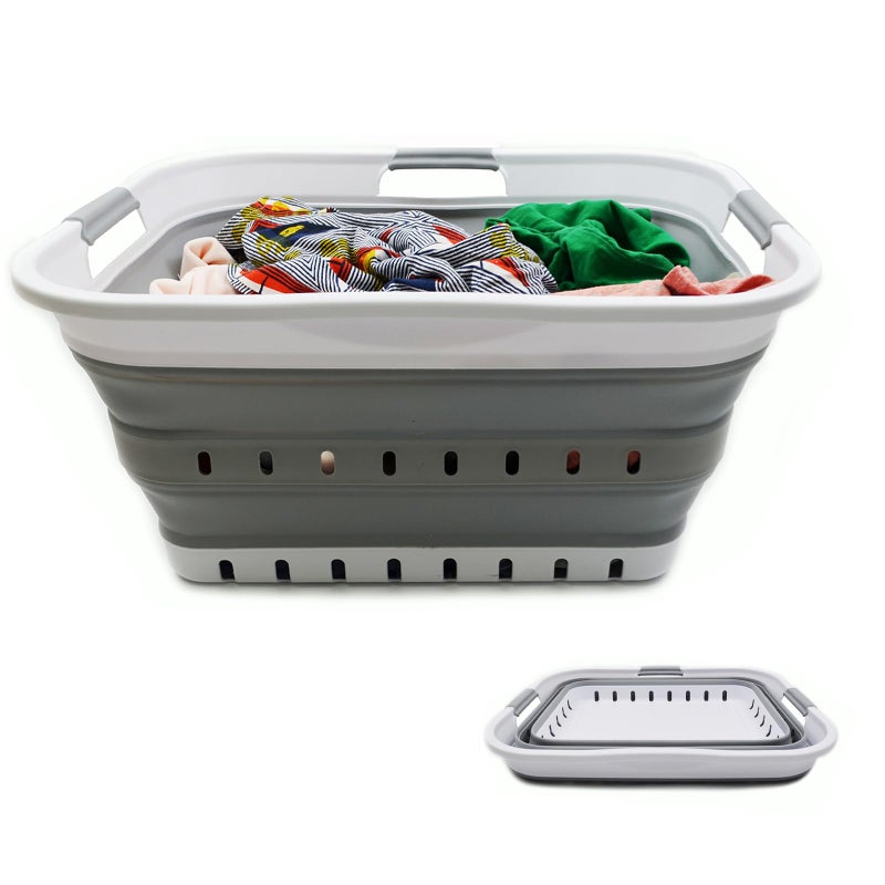 SAMMART 42L (11 gallon) Collapsible Plastic Laundry Basket - Foldable Pop Up Storage Container/Organizer - Space Saving Hamper/Basket (1, White/Grey) - Image 4